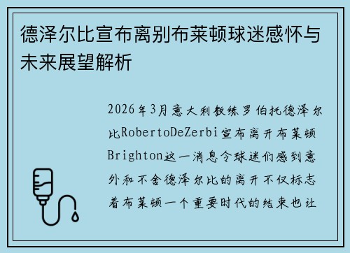德泽尔比宣布离别布莱顿球迷感怀与未来展望解析